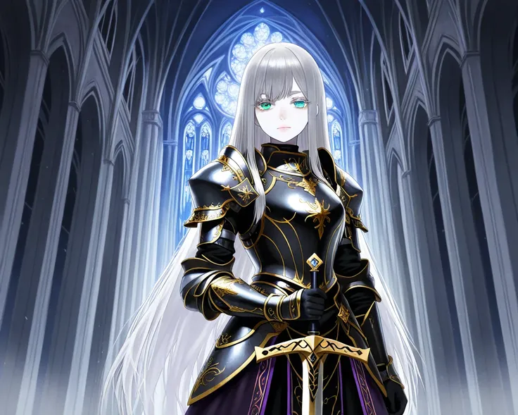 1 girl,medium mature,standing,strong serene look at viewer,aqua eyes,really light Grey pale skin,silver hair,mid long hair,straight hair,silver eyelashes,silver eyebrows,black bronze plate armor,violet trim on the armor,holding with the left hand the helme...