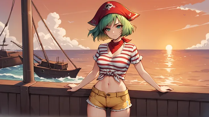 score_9_up, score_8_up, score_7_up, 1girl, solo, source_anime, Beautiful eyes BREAK 

Bob cut, green hair, short hair, Green eyes, medium breasts BREAK 

(Pirate girl), red bandana, white shirt, striped shirt, short sleeves, yellow shorts, denim shorts BRE...