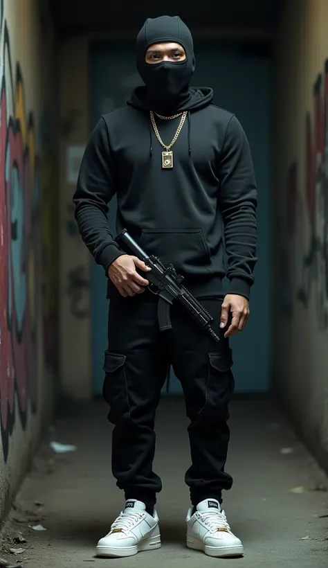 A Rapper Balaclava set from Nike white sneakers with a gun around the waist