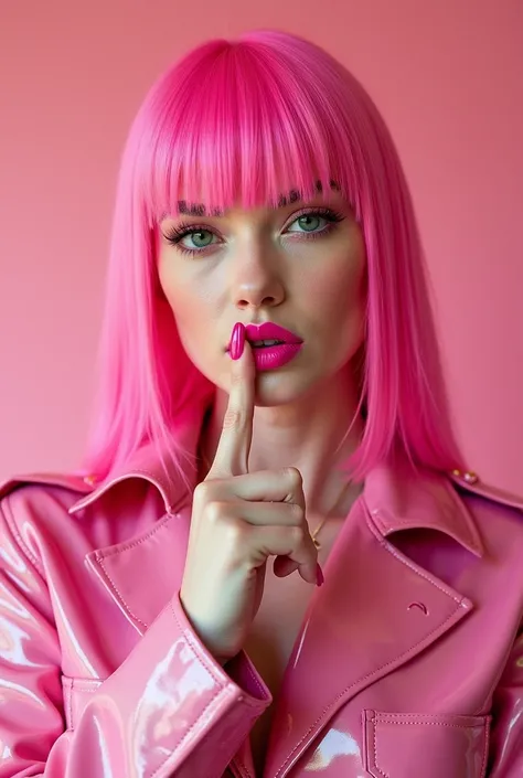 A sissy with vibrant pink strait hair, bold pink lipstick, and large, glossy pink nail polish. Wearing a shiny pink latex army jacket, striking a confident pose with one finger placed gently on their lips, as if saying 'shh' or 'shut up.