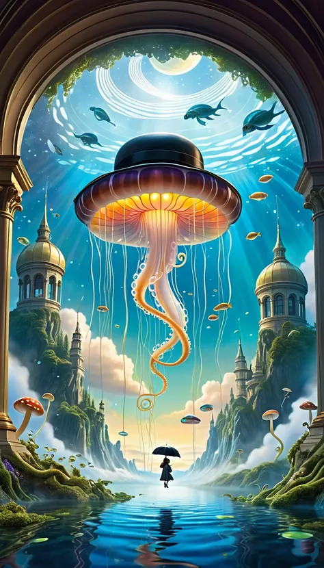 In the heart of an ever-shifting dreamscape, where reality bends and logic crumbles, a colossal jellyfish floats through the sky, its translucent body pulsing with cosmic light. Instead of tentacles, dozens of violin bows extend from its underside, gently ...