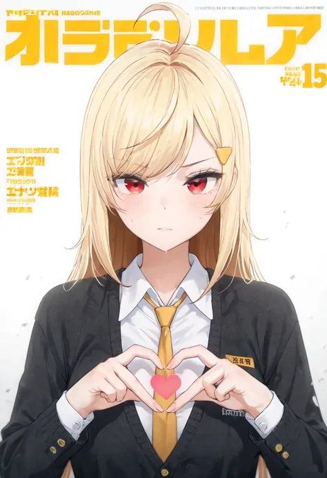 suits, necktie, cleavage,   magazine cover, white background, pose, masterpiece, best quality, amazing quality, detailed background, intricate details,Blonde hair, long hair, ahoge, red eyes, yellow triangle hair ornament, hand heart pose