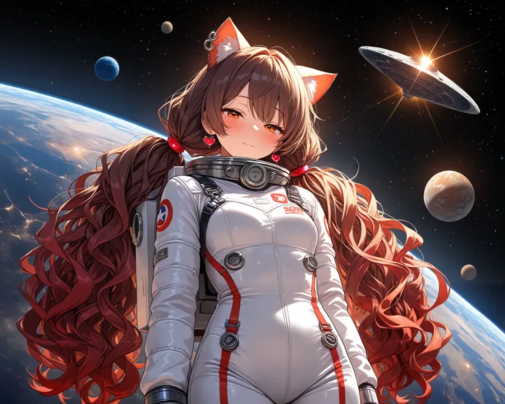 cowboy shot, cat ears, very cute face, cute girl, solo, long hair, wavy hair, low twintail hair, ((brown hair with red ends)), Mole under the left eye, half closed eyes, orange eyes, flat breasts, An astronaut costume, heart Pierced earrings, blush, flawle...