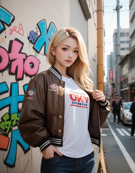 A japanese girl. Blonde hair. Osage. Long sleeve t-shirt. Graffiti. Tokyo city street. bomber jacket 