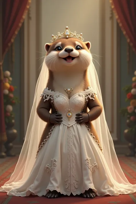 photorealistic portrait of Dressed animals - a ((fat)) chibi ((baby)) (otter) bride,(art by Carne Griffiths),(happy smile:1.5),(furry), high quality,(lovely) ,intricate details, highly detailed (gothic wedding dress)),wearing opera globes and shoes,wearing...