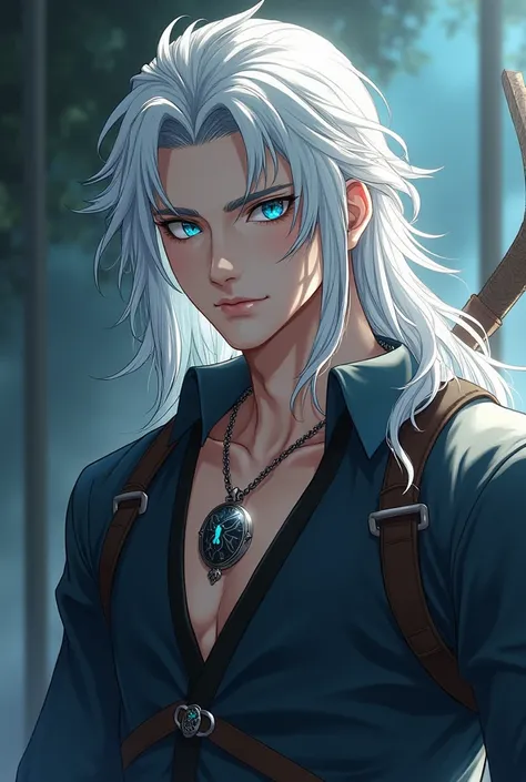 man, Age:  22 years
Raça: Raijin no Kishi
Height : 1, 85m 
Weight :  75kg
Eyes :  Intense blues
Hair :  Almost silver white ,  long 

He looks like the guy from the Witcher and he has the same locket around his neck