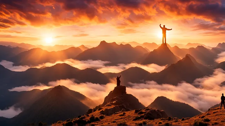 A cinematic depiction of a man standing on a mountaintop at dusk, his eyes closed and hands raised in prayer. The vast sky above him glows with brilliant hues of orange and blue, as beams of light pierce through the clouds, creating a breathtaking scene of...