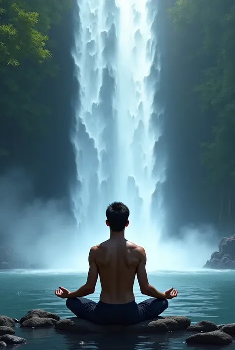 a young man sitting in a lotus position in front of a waterfall, trending on devian art,  diselpank art, dital painting, meme, digital art #oneshotgame, screensaver, javanese mythology, realism artstyle, wonderful masterpiece, mobile wallpaper, fanart, ilu...