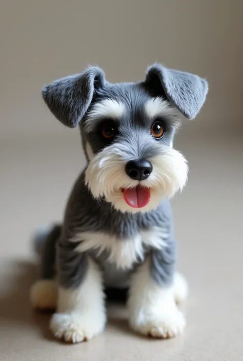 Make a salt and pepper schnauzer with white on its chest and on its paws and make the eyes brown and has a little bit of silver, dark gray silver for cause it’s a little bit old but it’s a girl dog and it’s very cute. It’s very small the tail is snipped so...