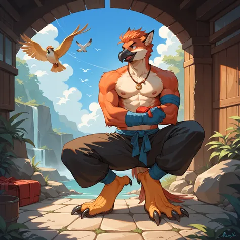 anthro, young, adult, male, bird, falcon, lean, muscular, fantasy styled, monk, martial artist, large shoulders, small waist, necklace, martial artist monk styled pants, wrappings on wrist, wrappings on feet, shirtless, bare foot, bird feet
