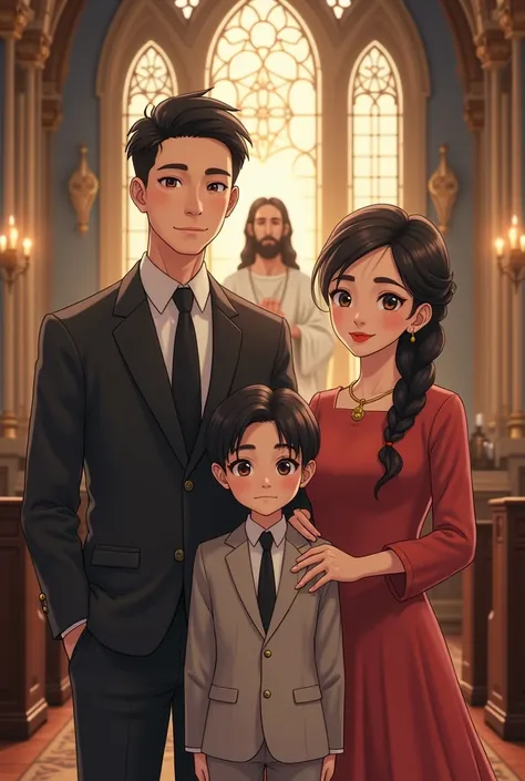 Family photo there are 4 people father mother and older brother and younger sister in the church behind there is an asian animated Lord Jesus