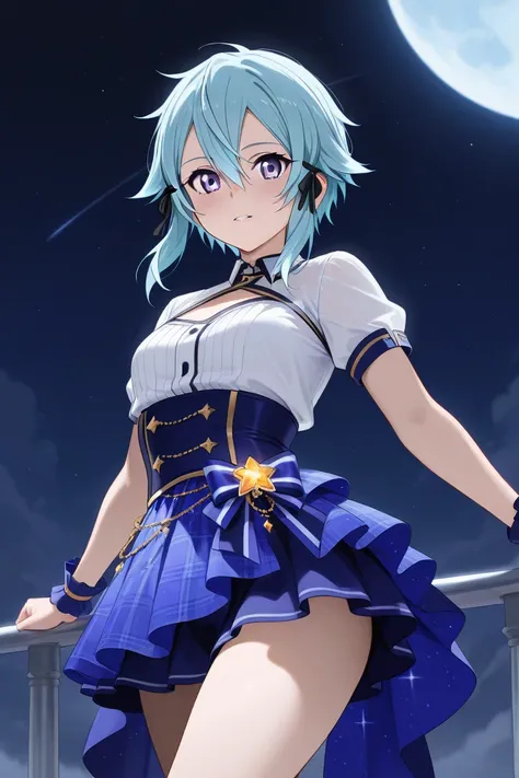 Sinon de Sao , A girl with short pale blue hair, indigo eyes , Dress up in a sexy idol costume consisting of a sky blue mini skirt, white short sleeve shirt,  a Celeceste blue jacket, Medis Negras , botan de tacon celeste, And she's having sex with a group...