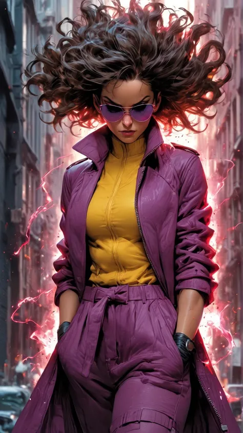 " Full body portrait movie X-Men :  Apocalypse. a dynamic scene set in an urban environment .  The central subject is a woman with short, dark hair ,  styled in a modern and daring cut .  She has fair skin and wears futuristic sunglasses in the color pink ...