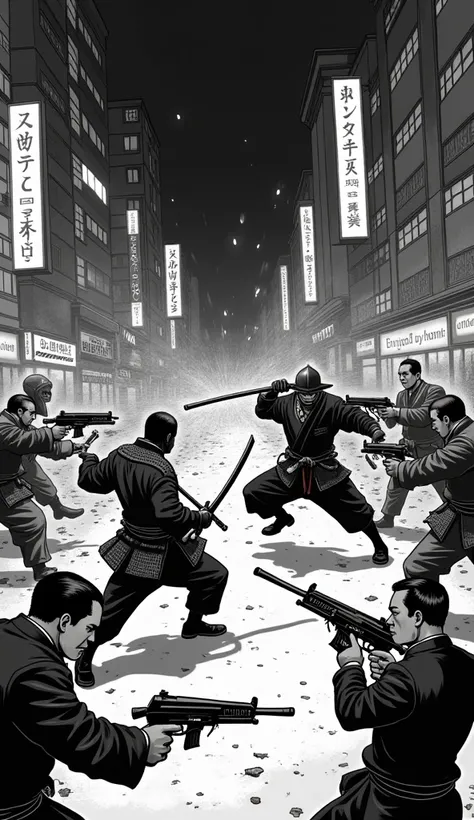 Samurai with katana swords fight the black mafia with machine guns (cartoon) (comics) (black and white)