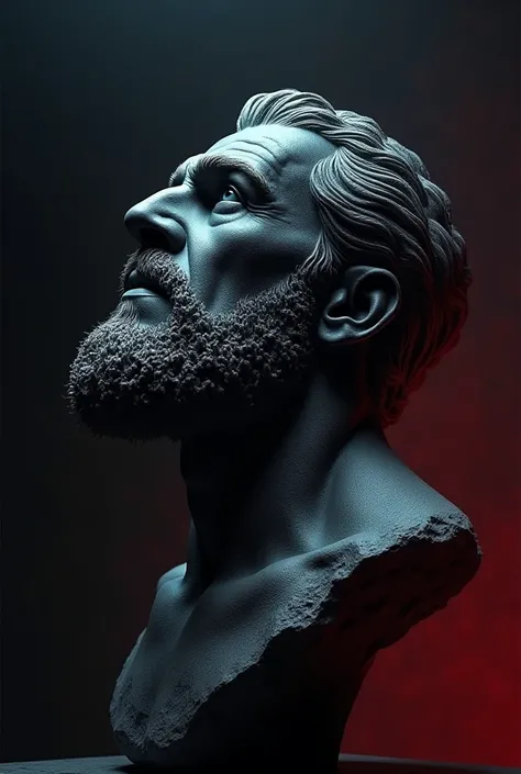  Male stone bust profile looking up, dramatic black and red and blue lighting 