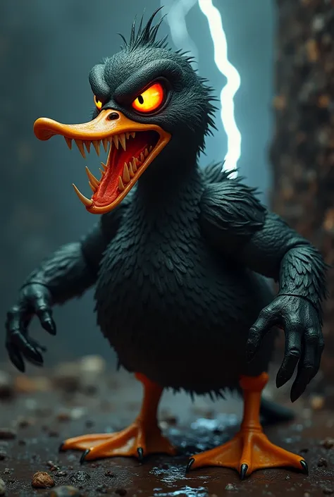 A sinister and evil duck ,  with the body of a human ,  muscular body ,  with sharp teeth and eyes shining with flames of fire .  The duck has an angry expression ,  with its beak open and exposed teeth .  Its eyes burn like fire , radiating anger .  Its f...