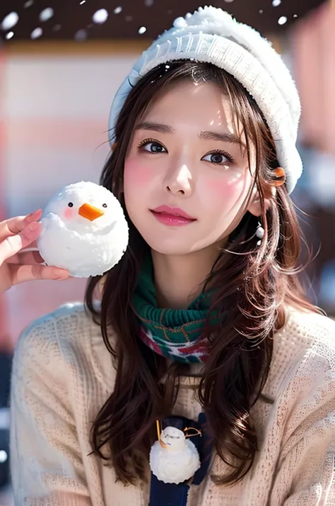 (((upper body))), from front, look at viewer, face focus, nsfw, 
1 woman, shiny skin, 
(((sexy ski wear:1.2))), ((knit cap, goggles)), 
(light brown hair) bangs,
(holding a small snowman adorned with tiny ski goggles and a scarf),
(((outdoors))),  (((ski r...