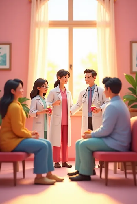 doctors, patients and family members together ,  in a welcoming environment .  Some people hold pink and gold candles or bows,  while others undergo preventive examinations .  The scenery transmits love and solidarity . Cartoon 3d