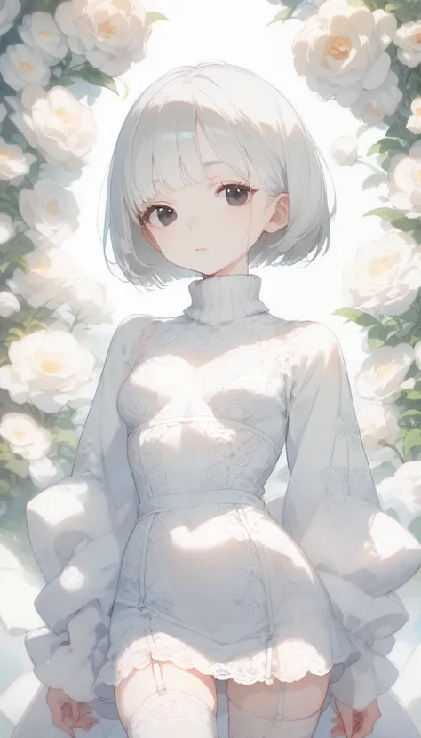 Japanese Girls, solo, Albino Skin , bob-cut gray hair , black eyes,lace fabric turtleneck, Very Dense Patterns, Artistic模様, Artistic, erotic, smaller tits, thin waist, Garter Belt , white stockings