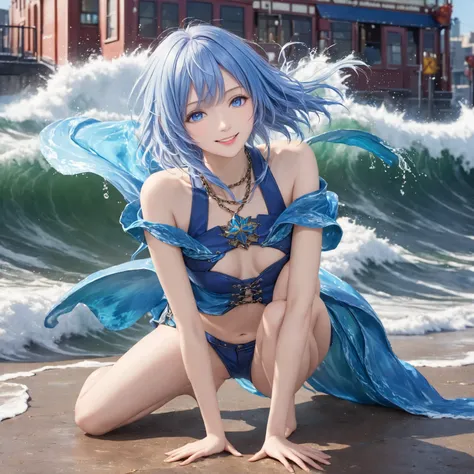  full body shot、Alone、 anatomically correct body、 one woman、 one woman、 light blue hair, light blue eyes 、Light blue lips、wind-torn、 light blue Finalfantasy summoned beast Leviathan costume,  Belly-baring shirt,  portrait body,  unrivaled masterpiece, Ultr...