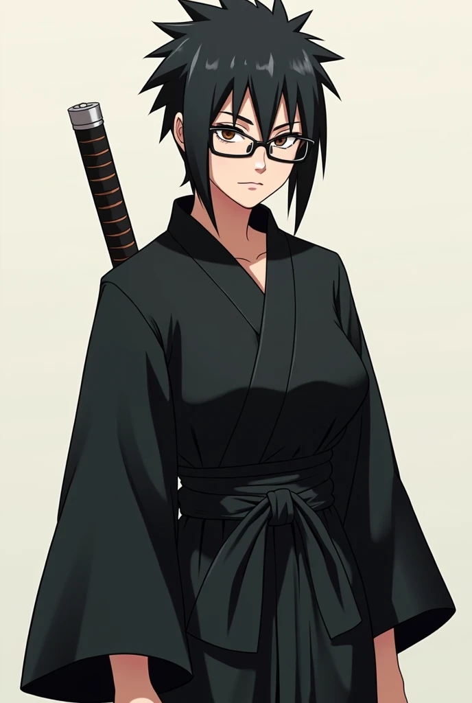  create a Naruto character,  a woman who wears stylish black robes ,  thin glasses and wears a short and radical haircut , Full-bodied and with a katana around her waist .  Make her a little more feminine but keep her hair short and her eyes serious