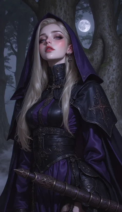 A 20-year-old woman with long, straight, bright blonde hair, dark blue eyes, aggressive eyesight, pinkish-white skin. She wears a uniform of the school of witchcraft, dark purple and black tones, a flickering veil, the surrounding atmosphere is full of mys...