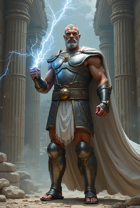  Zues holds a lightning bolt, skinny, silver amor, sandal, ancient greek, slightly bald, temple hair