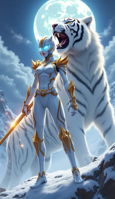 "A highly detailed digital illustration of GaoWhite from Hyakujuu Sentai Gaoranger, but with a majestic white tiger head instead of a helmet. She wears a sleek white battle suit with golden and silver tiger-themed armor, featuring fur-like patterns on the ...