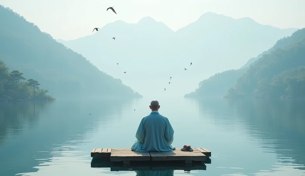  a small island in the center of a crystalline lake ,  where the mountains are reflected on the surface like a mirror ,  a 69-year-old Korean man sits on an ancient wooden platform,  floating gently over the calm waters .  Your light blue hanbok wobbles sl...