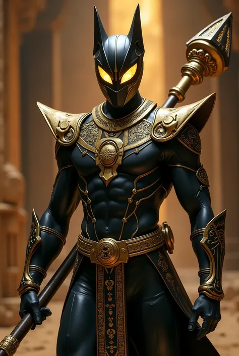 A full-body image of a Power Ranger in sleek black and gold armor, inspired by ancient Egyptian design, incorporating elements of both power and mysticism. The suit should be tight-fitting and muscular, designed with intricate details that evoke the feelin...