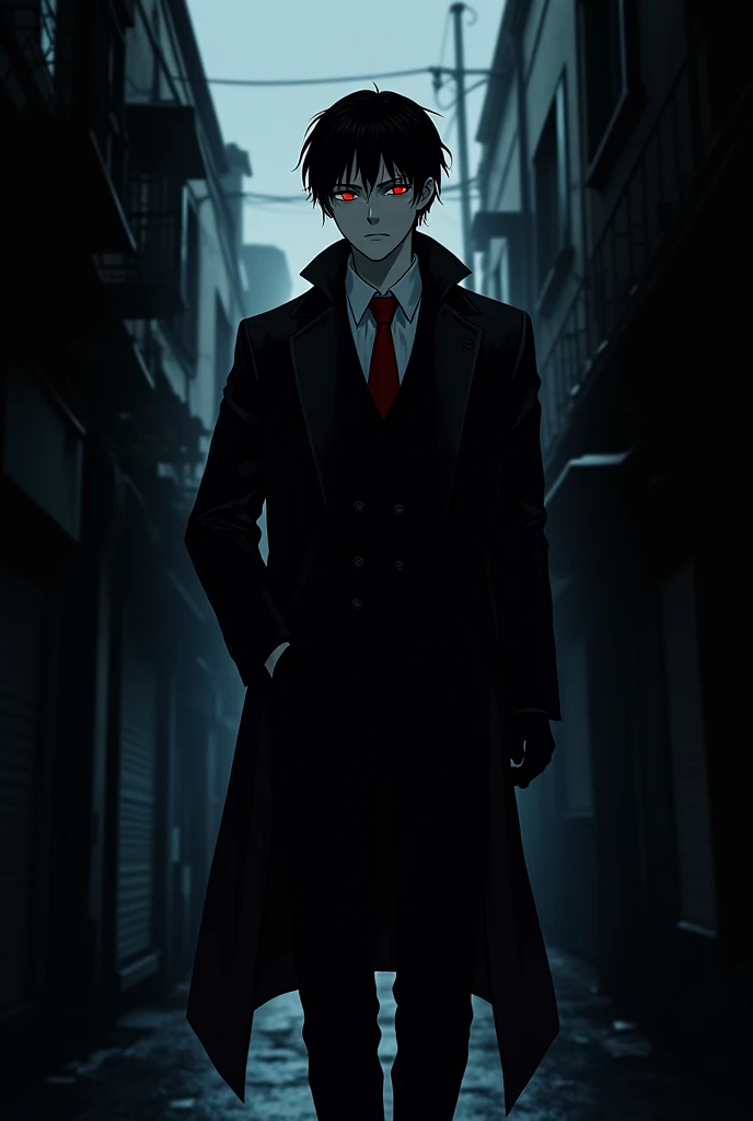 A young mafia man with wet black hair, red eyes and white skin wears his uniform and gloves and wears a long black jacket over his shoulders while putting one hand in his pocket walking under a dark and starless sky, in a narrow alley, on the wet floor. Th...