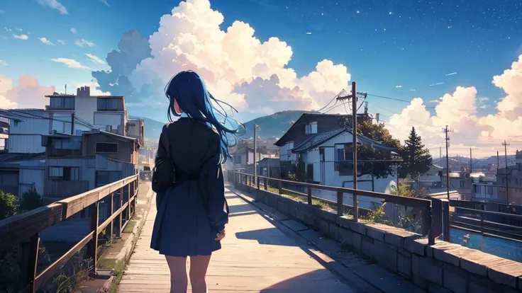 Slope、1 girl, 壮大なblue skyと雲,Back view、長髪の女性のBack view、anime style,, null, blue sky (null), scenery, starry null, noon, alone, (Back view), Perfect hands, Outdoor, building, blue sky, wood, Country town, silhouette, Cityscape