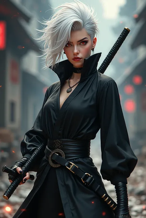  create a Naruto character,  a courageous woman who wears a totally peaked and radical medium haircut, silky white hair.  Dark Red Eyes , black and stylish clothes while wielding a katana