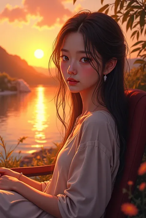  in the seat,  gentle expression,  Seductive Eyes, Long straight hair,  Loose Dress ,  Calm Posture ,  Pottery Skin , A faint blush,  crystal pendant
BREAK
golden hour, (Rim lighting):1.2,  Warm Tones, Solar flare,  Soft Shadows ,  vibrant colors, painterl...