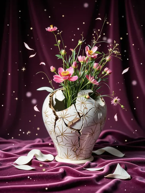 a professional photo of a broken flower vase made from ceramics, flowers plug inside, close up shot, bokeh, Photography, hard lighting, velvet background