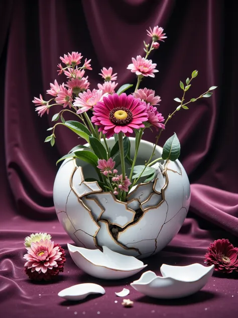 a professional photo of a broken flower vase made from ceramics, flowers plug inside, close up shot, bokeh, Photography, hard lighting, velvet background