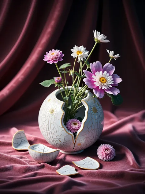 a professional photo of a broken flower vase made from ceramics, flowers plug inside, close up shot, bokeh, Photography, hard lighting, velvet background