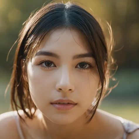 A hyper-realistic image of a single Japanese woman in her early 20s, captured with the nostalgic warmth and subtle graininess of a film camera. Her skin has a warm beige tone with a natural, slightly rough texture that includes visible pores, fine lines, a...