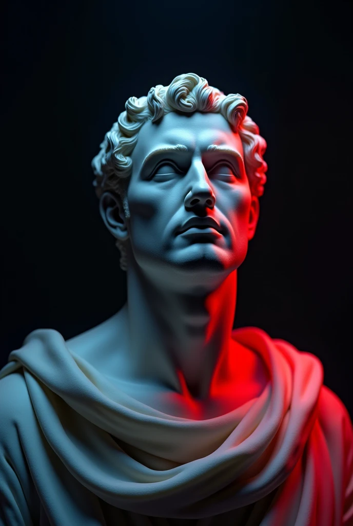 Profile of Bust of a male marble statue looking up, dramatic black and red and blue lighting , symbolizing stoic wisdom