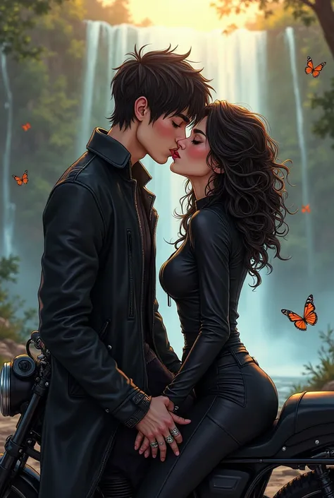 create a kissing couple, He wears all black clothes a leather coat he has medium rocker-style hair with hair thrown to the side, Does she have white skin too, She has curly hair with wide open and voluminous curls and she has a nose piercing if he has seve...