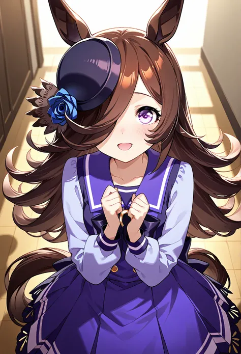 deTailed eyes,     girl,     rice shower  (Uma Musume),     horse ears,         animal ears,     Her hair is down until she covers her eyes, horse Tail,   horse    girl , Tail, length、Where the little bird rides on the head 、 smiling