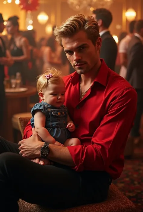 Very handsome sexy blond man with red blouse and black pants holding a very pretty and cute blonde baby lying on his lap in denim jumpsuits and a bow in his hair at a billionaire gypsy party 