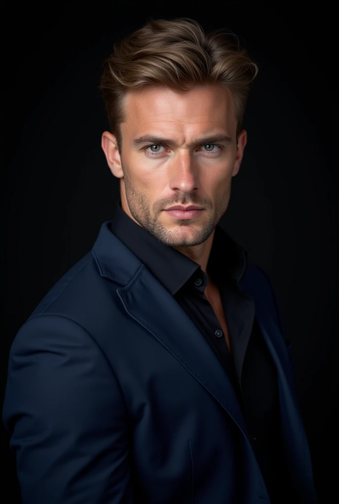 image of a handsome Russian man  ,  with light brown hair and deep dark gray eyes and dressed in blue clothes. with 
fair skin  ,  the black background image 