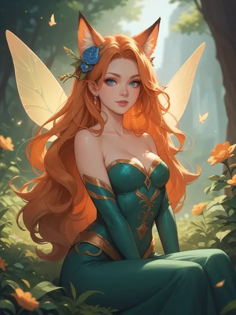 Fairy with orange long hair and blue eyes and a fox