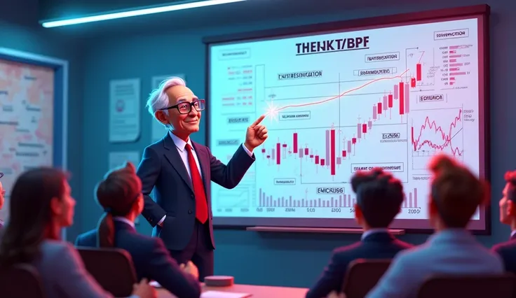 “Pixar-style digital illustration with vibrant colors and neon accents. The scene shows Warren Buffett in a modern classroom, depicted as a charismatic and wise professor. He is standing in front of a large whiteboard filled with financial charts, formulas...