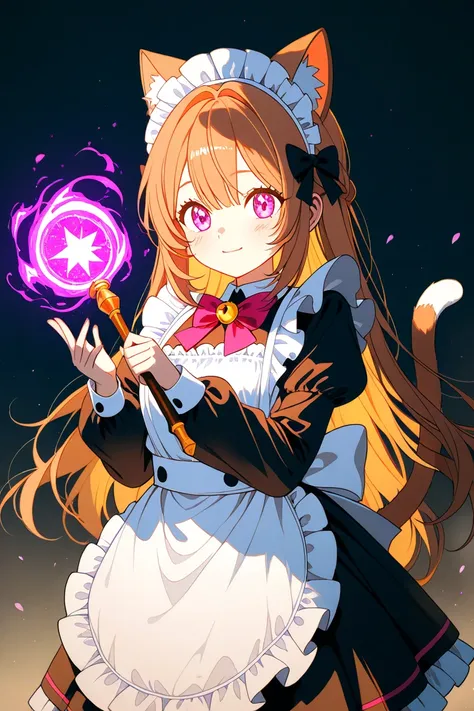 Make me a character with the description  ;  Age  =10 years old ,tall =130 cm, Weight  = 30 kg , Gender  : Woman, standing while holding a wand and surrounded by light magic,style baju maid ,make it in the form of anime lollipops with cat tails and cat ear...