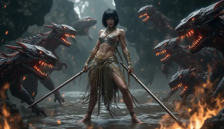 4K, A full body view of a barefoot Korean woman as a barbarian warrior, beauty face killing several little demons in grotto. extremely dynamic scene. black hair in a Pixie cut long sideburns, wearing a gold chainmail loincloth, silver chainmail bra, holdin...