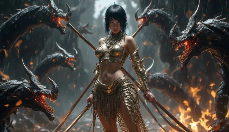 4K, A full body view of a barefoot Korean woman as a barbarian warrior, beauty face killing several little demons in grotto. extremely dynamic scene. black hair in a Pixie cut long sideburns, wearing a gold chainmail loincloth, silver chainmail bra, holdin...