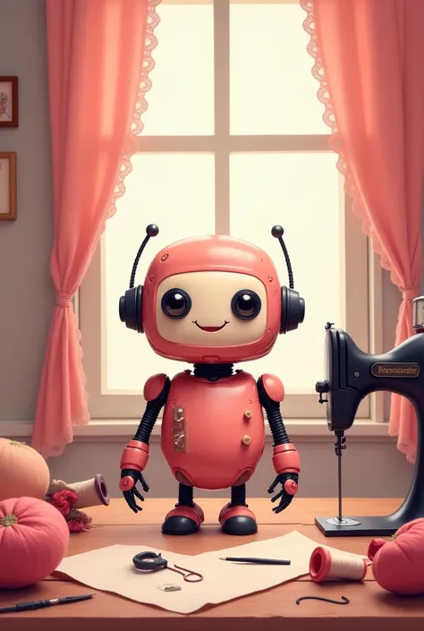   robot  、  illustration  、 warm and cozy 、Four Corners、  pink 、  cute、The background is a sewing atelier、