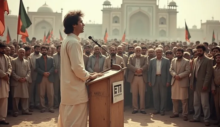 Imran Khan’s Early Political Struggle (1997): A young Imran Khan standing at a modest, makeshift political rally with a small, scattered crowd in attendance. The atmosphere is humble and subdued, with fewer people paying attention to his speech. Khan, dres...